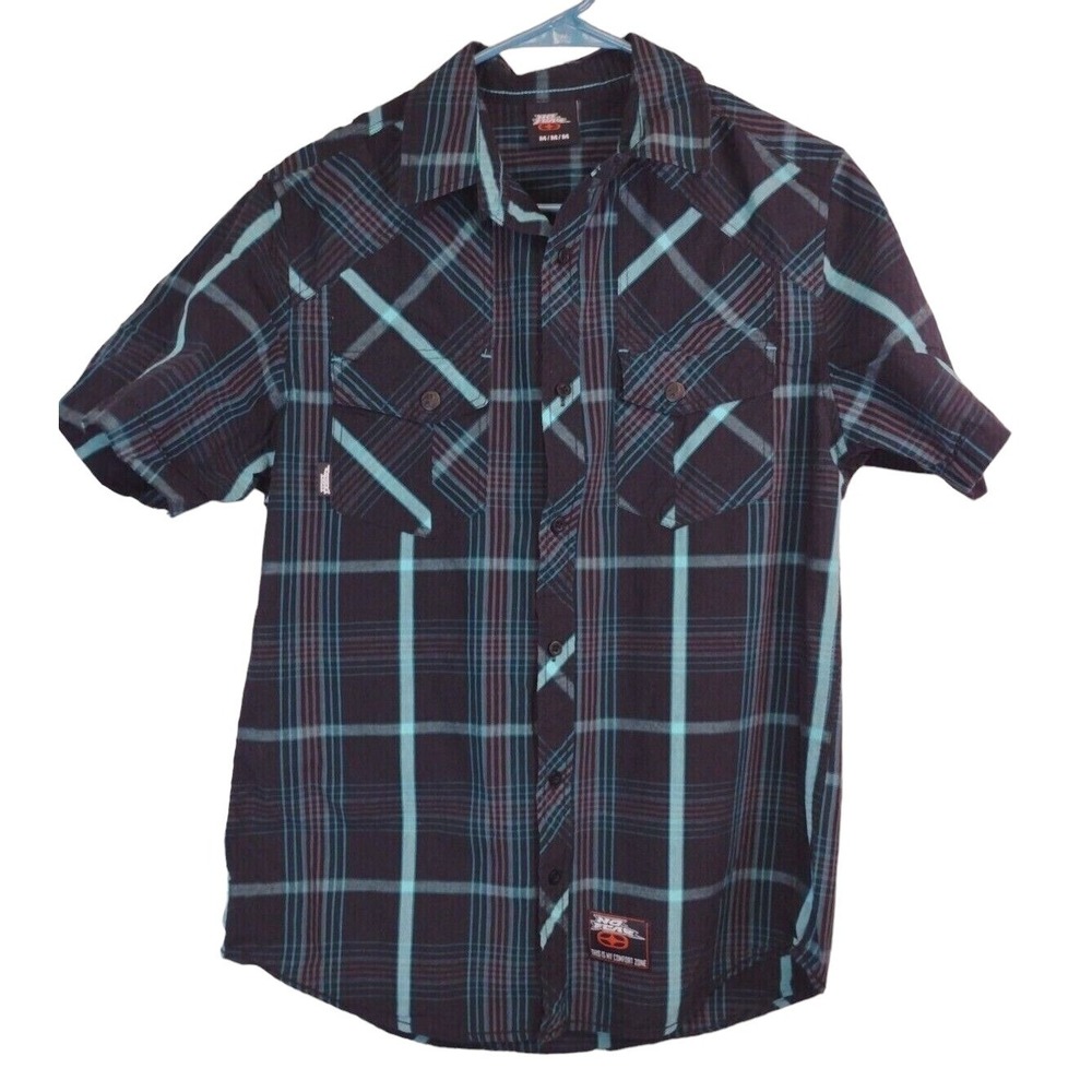 No Fear Mens Plaid Button Down Shirt Size M‎ Black Blue Skate Streetwear SS